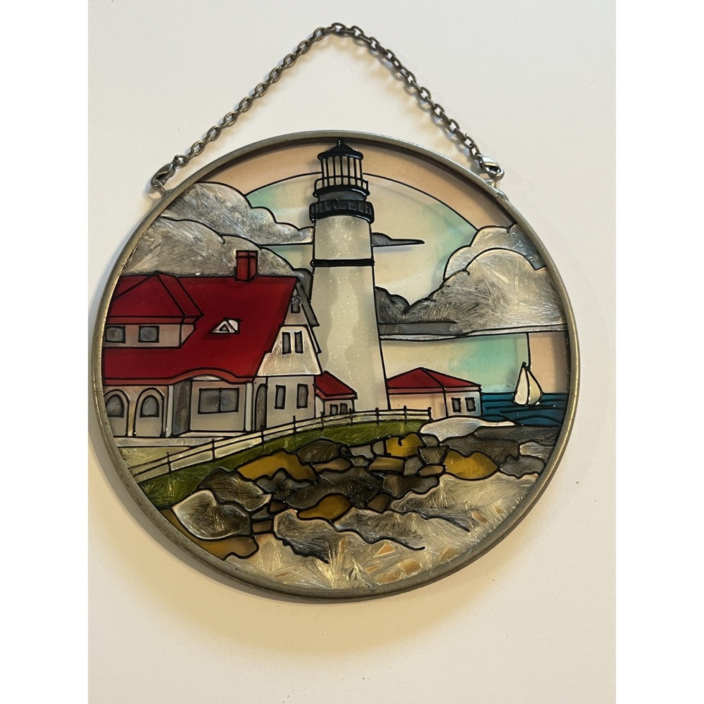 Round Stained Glass Coastal Lighthouse Suncatcher Metal Frame Sailboat Resort